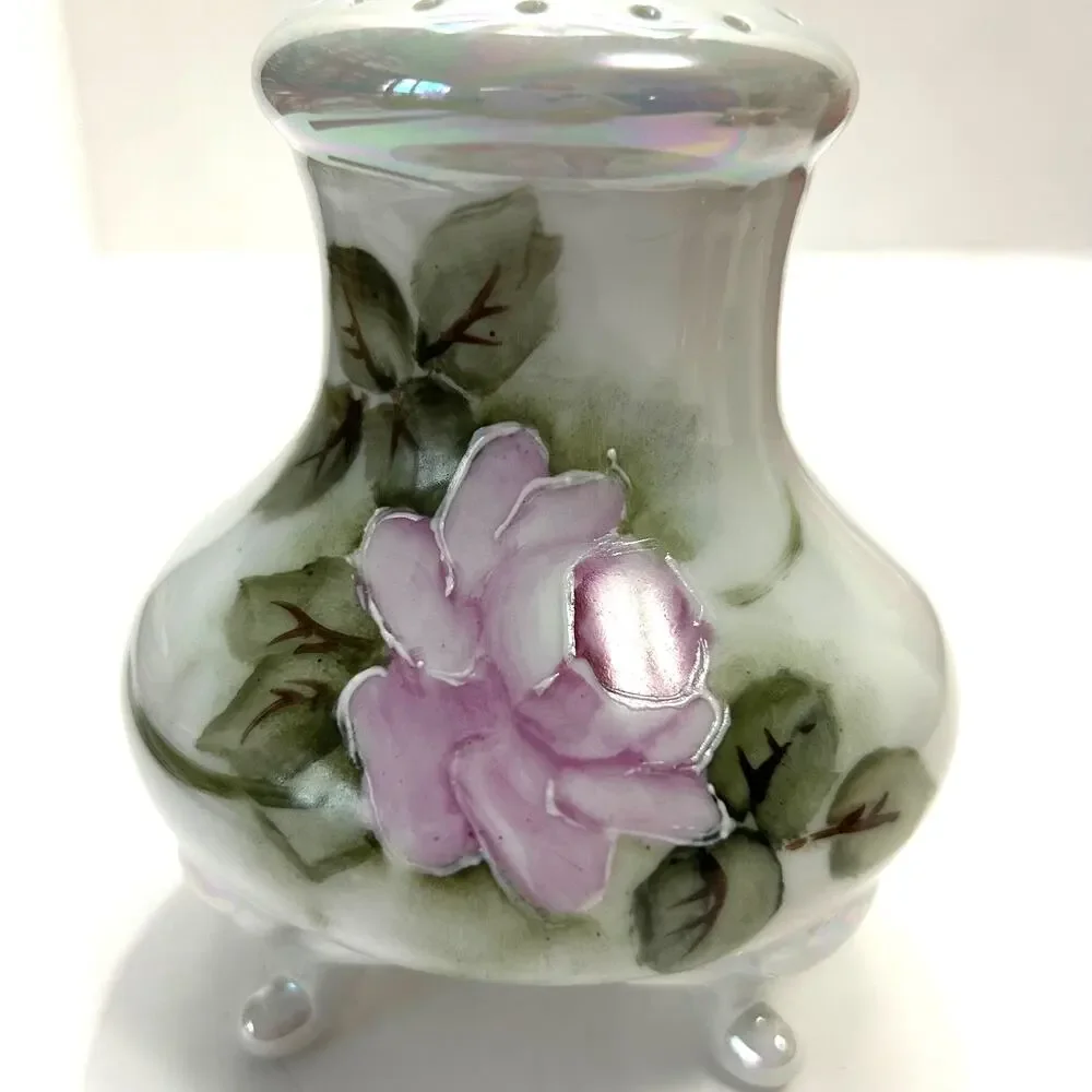 Vintage Handpainted Signed Ceramic/Porcelain Rose Hatpin‎ Holder/Powder Shaker